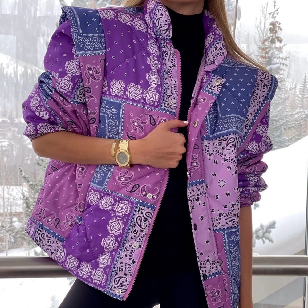 Pistola Purple and Pink Puffer Jacket with Bohemian Patchwork